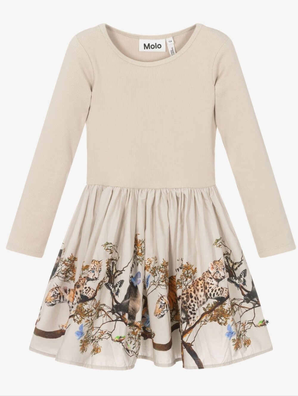 Molo Candi Treetop Cubs Baby Dress Beige Organic Cotton Girls Toddler Size 3T